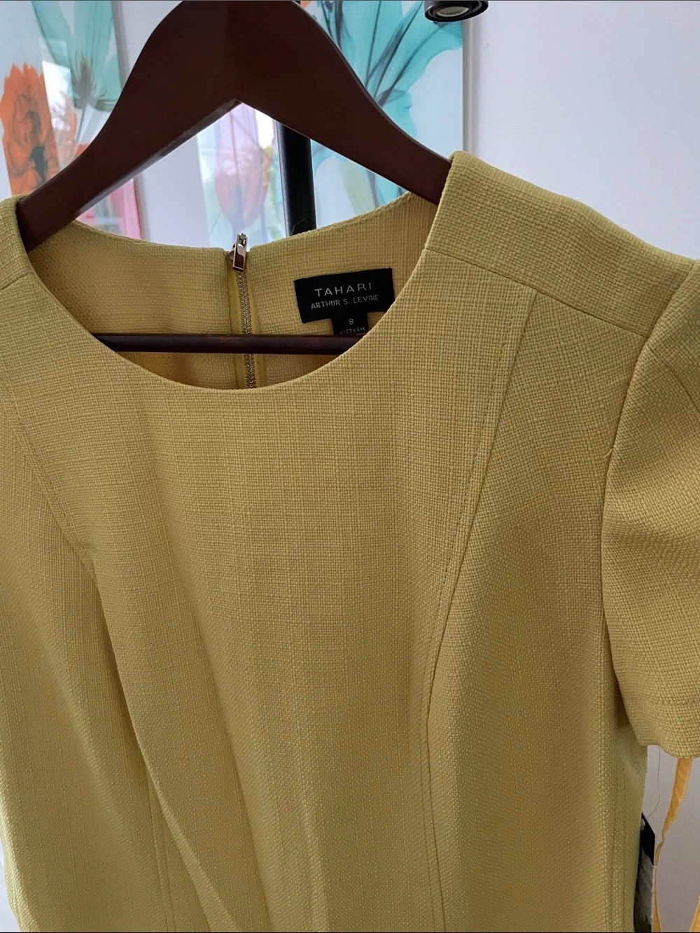 Tahari ASL Short Sleeve Shift Dress in Chartreuse Yellow - Picture 3 of 7